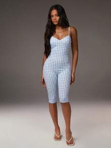 Athîral Women's Plaid Print Fitted Sexy Jumpsuit - Baby Blue - View 4