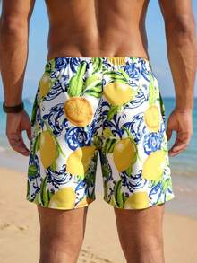 Horizaway 男士柠檬印花休闲沙滩短裤 - 彩色 - 查看 2