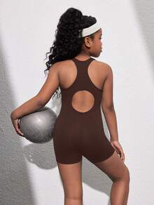 SHEIN Tuta casual sportiva da ragazza tween, scollo a U, schiena aperta, abbigliamento da yoga e attività fisica, primavera/estate - Castano - Visualizzare 4