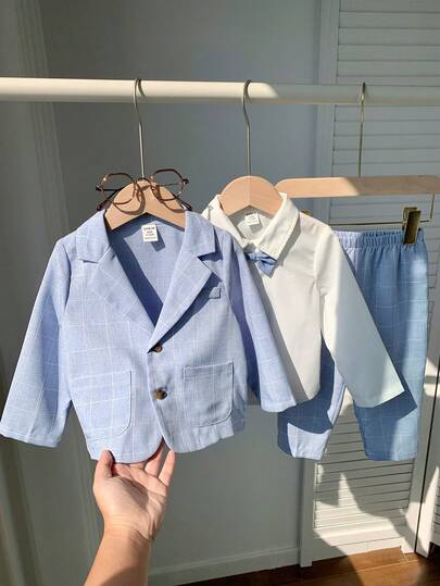 SHEIN Baby Boy Cute Summer Versatile Gentleman Outfit: White Shirt, Blue Plaid Textured Blazer, Elastic Waist Pants Set, Suitable For Birthday Party, Evening Event, Performance, Wedding, Baby Shower, 1st Birthday Celebration