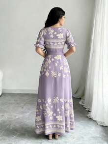 Modelyn Vestido de línea A de manga larga con cuello redondo, con estampado digital de flores y patrón triangular, cintura ceñida, de moda, para primavera - Multicolor - Ver 2