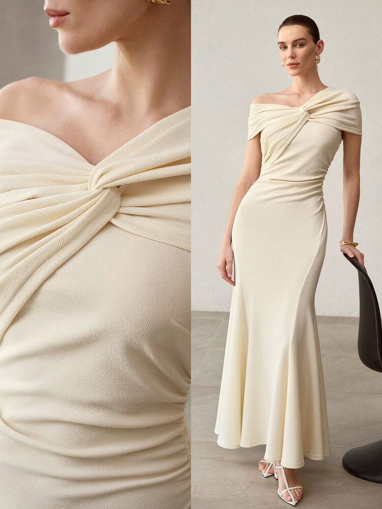 WOMEN'S KNITTED ASYMMETRIC SHOULDER RUCHED MAXI DRESS WITH WAIST CINCHING