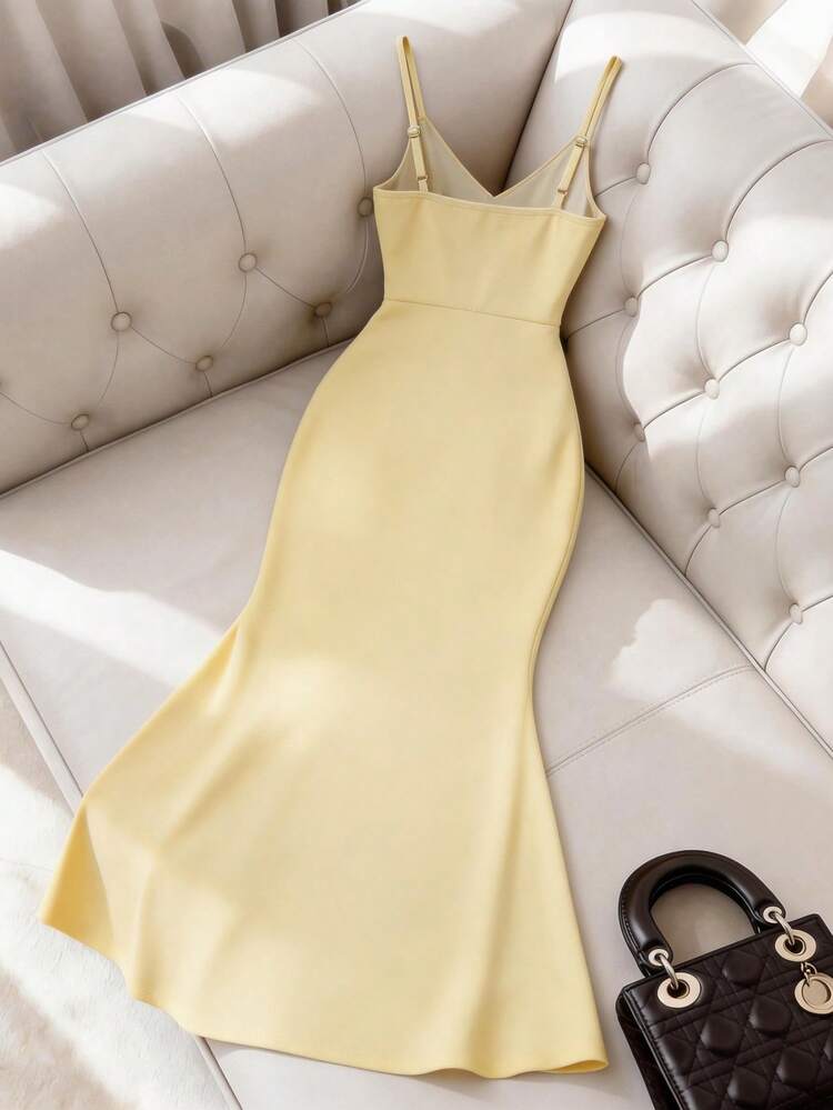 Franclia Elegante vestido de mujer con tirantes finos y parches de malla amarilla, vestido de primavera y verano para damas, vestido elegante, vestido de playa, vestido de fiesta, vestido de cita, vestido versátil, vestido de oficina - Amarillo claro - Añade 2