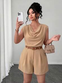 Elenzga Women's Plus Size Elegant 2 Piece Set,Sleeveless Blazer&Classy Shorts,Tie Dye,Summer,Casual,Everyday Luxury Suit,Versatile Waistcoat&Asymmetrical Top - Khaki - View 4