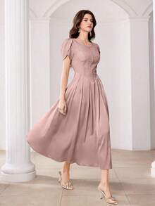 Modelyn Vestido corto de manga de concha, elegante, de unicolor, con estampado jacquard y satén empalmado - Rosa vieja - Ver 6