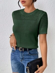 EMERY ROSE Women's Round-Neck Solid Color Short-Sleeved Knitted Top For Summer For New Year Clothes - Dark Green - View 4