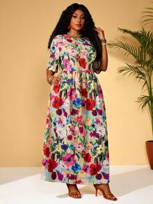 BrightlyHer Plus Size Floral Print Round Neck Short Sleeve Dress, Summer Fashion,Flower/Spring/Vacation - Multicolor - View 4