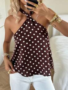 少女波点印花扭结露背休闲吊带衫 - 棕色 - 查看 1