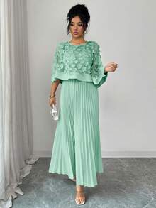 Elenzga Women's Solid Color Pleated Round Neck Dress, Suitable For Wedding, Birthday Party, Events - Mint Green - View 6