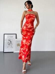 Rafferiza Women's Floral Print Ruffle Hem Halter Neck Zanea Dress,Red Orange,Summer,70s,Night Out,Party Red Carpet Outfit New Arrival Dinner Dresses For Woman - Orange - View 1