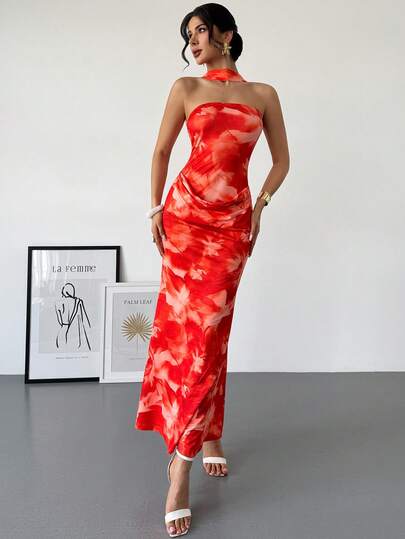 Rafferiza Women's Floral Print Ruffle Hem Dress With Halter Neck