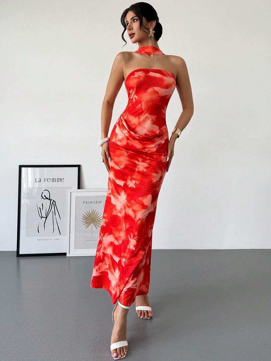 Rafferiza Women's Floral Print Ruffle Hem Halter Neck Zanea Dress,Red Orange,Summer,70s,Night Out,Party Red Carpet Outfit New Arrival Dinner Dresses For Woman - Orange - View 1