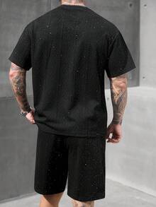SLATEMANN 男士两件套T恤短裤套装，圆领设计，时尚男士夏季两件套服装，男士夏季服装，男士T恤套装，男士两件套搭配，男士两件套 - 黑色 - 查看 2