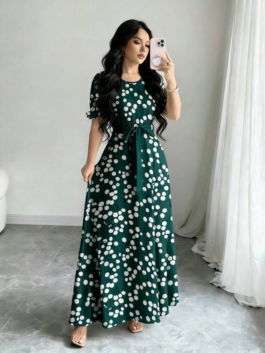 Modelyn Vestido de mujer con diseño de manga corta abullonada, cuello redondo y estampado de cerezas, con cintura ceñida, para primavera/verano - Multicolor - Ver 1