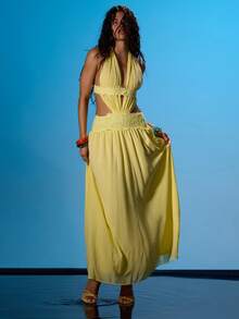MUSERA 低胸垂褶露背吊带花边镂空露背长裙，夏季性感海滩度假伊比沙岛俱乐部热带风情 - 淡黃色 - 查看 5