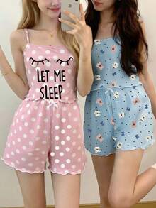 Conjunto de pijama de 3 piezas para niñas con estampado de corazón, lazo y cereza, informal y lindo, para verano - Multicolor - Ver 4