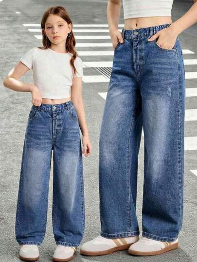 2026夏季新款水洗蓝宽松直筒牛仔裤，高腰弹力腰带，休闲校园风百搭长裤，修身显瘦，简约学生制服裤，夏季校园日常穿着外出必备