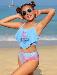 Tween Girls Tankini 2 Pieces Swimsuit, Blue Mermaid Tail Print Ruffled Crop Top & Triangle Fish Scale Pattern Bottoms, Comfortable Knit Fabric, Casual Beach/Pool/Surfing Swimwear - Blue - View 5