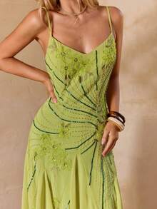 Enchnt 女士长款串珠不对称下摆吊带连衣裙 - 軍綠色 - 查看 2