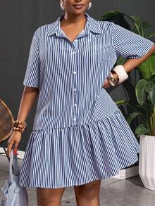 Slaydiva Plus Size Summer Casual Striped Front Button Dress - Royal Blue - View 1