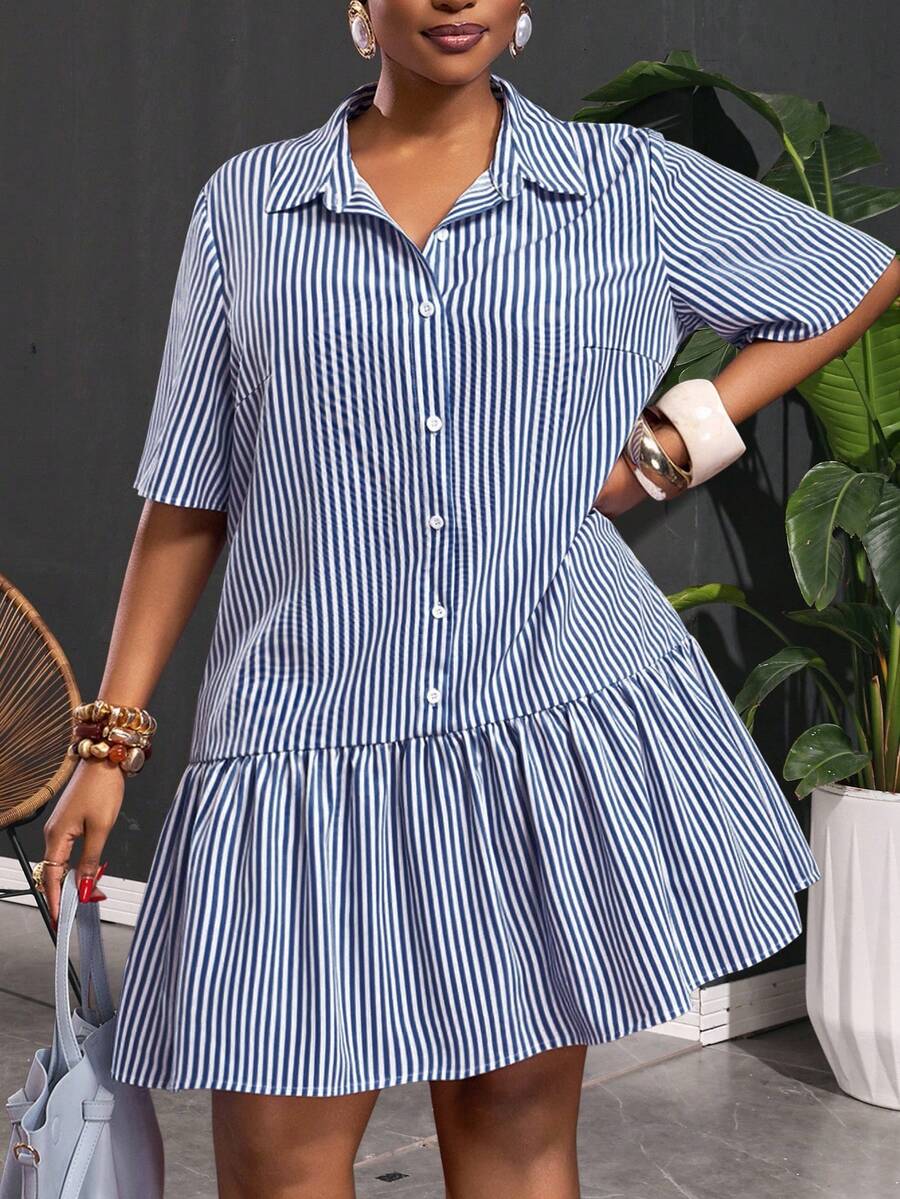 Slaydiva Plus Size Summer Casual Striped Front Button Dress - Royal Blue - View 1