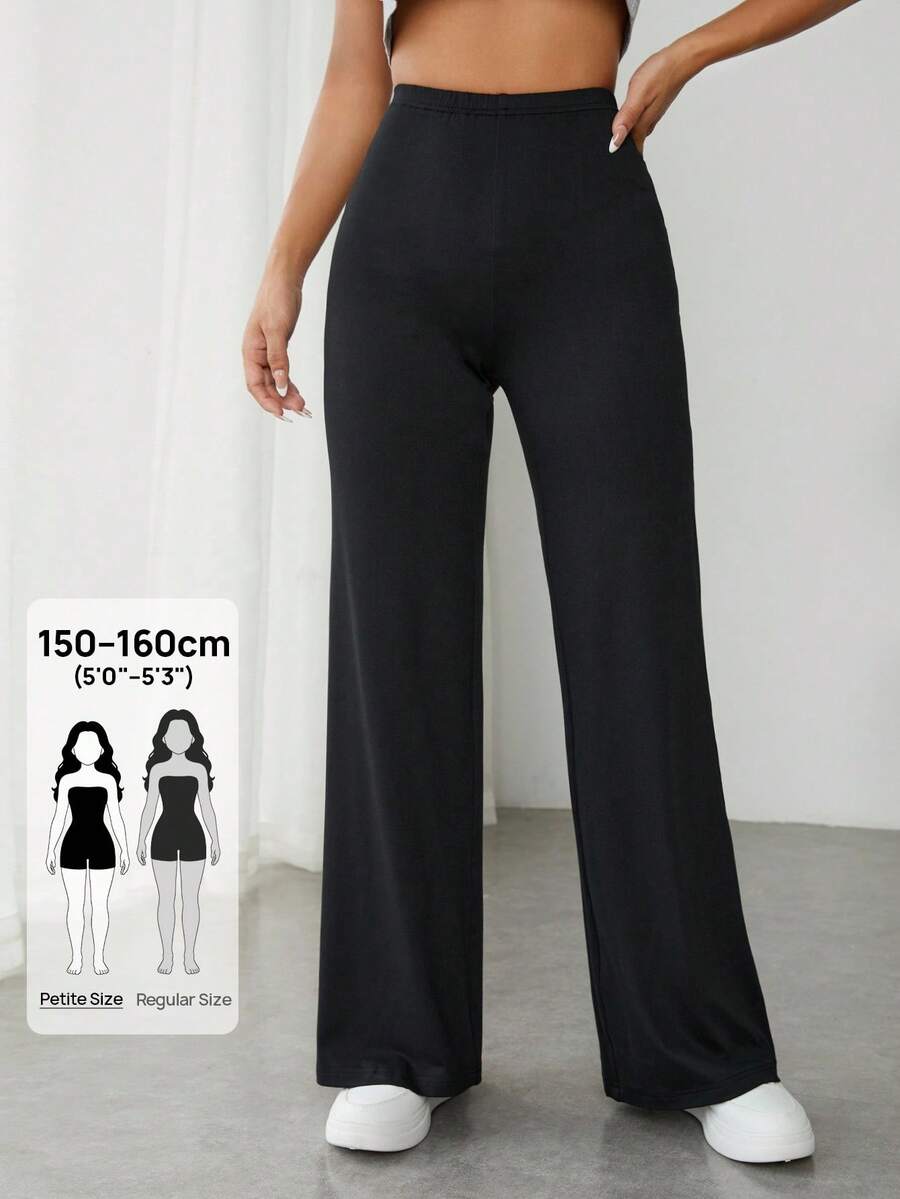 SHEIN PETITE High Waist Wide Leg Black Pants For Daily Wear - Black - View 1