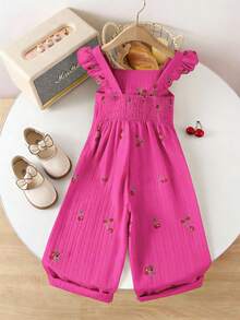 Genkimix Kids 1pc Vintage Casual Fitted Unique Cherry Print Jumpsuit, Suitable For Outdoor Summer And School - Hot Pink - View 2