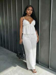 Slaydiva Summer Fashion Basics, Versatile, Casual And Elegant, Suitable For Vacations, Travel, Beaches, Seaside, Pools, Yachts, Sunbathing, Cute And Sweet, Casual And Elegant, Low-Cut Triangle Cup Ruffled Bow Camisole And Wide-Leg Trousers, White Pleated Women's Suit - A - White - View 5