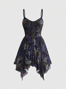 ROMWE Romantic Gothic Floral Print Asymmetrical Hem Waist Cinching Super Mini Dress, Plus Size Birthday Dress - Black - View 1