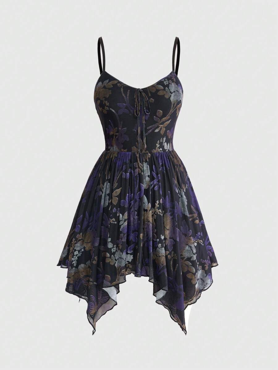 ROMWE Romantic Gothic Floral Print Asymmetrical Hem Waist Cinching Super Mini Dress, Plus Size Birthday Dress - Black - View 1