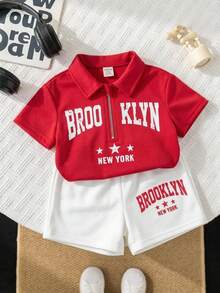 SHEIN Set de 2 piezas de camisa polo casual y cómoda con cuello y cremallera, manga corta, y pantalones cortos blancos para bebé niño, adecuado para interior, exterior, diario, deportes, juego, fiesta, sesión de fotos, vacaciones - Multicolor - Ver 4