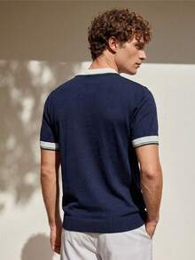 Manfinity CityGents Áo len nam dệt kim thường ngày, trang phục đi nghỉ mát ở Ý, áo polo nam có cổ, áo polo nam, áo polo chơi golf, mùa xuân/hè, ngày lễ. - Màu xanh hải quân - Xem 2