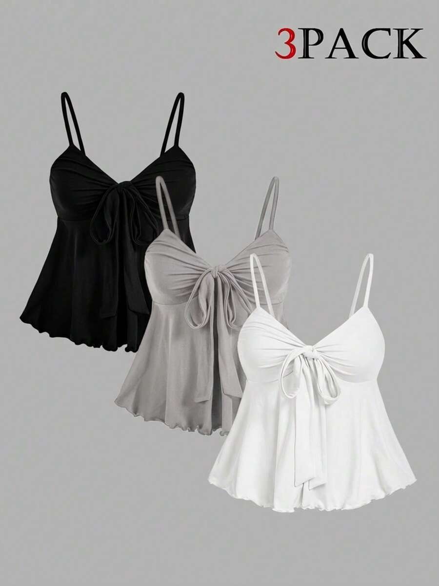 SHEIN MOD 女士系带纯色吊带背心，多件装，波西米亚风格，适合海滩装扮、西部牛仔造型、休闲上衣、锐舞派对、乡村音乐节等场合。 - 灰色 - 查看 1