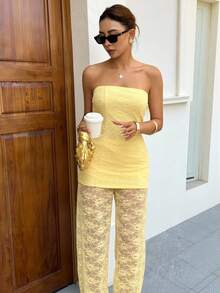 Siren Gaze Summer  Elegant French-Style Lemon Yellow Openwork Lace Strapless Top + High-Waisted Wide-Leg Pants Two-Piece Set - Light Yellow - View 5