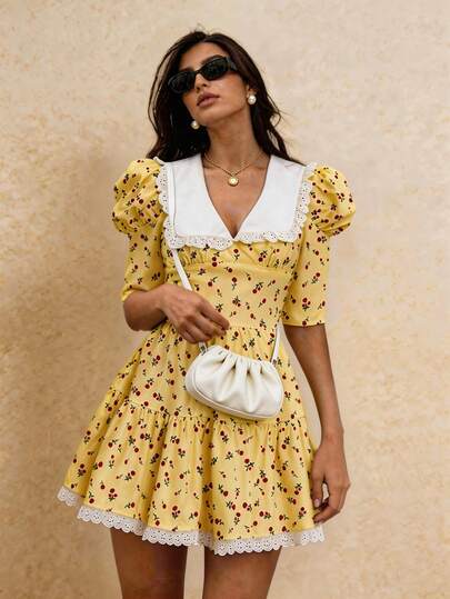 Poéselle 女士公主风印花蕾丝迷你连衣裙