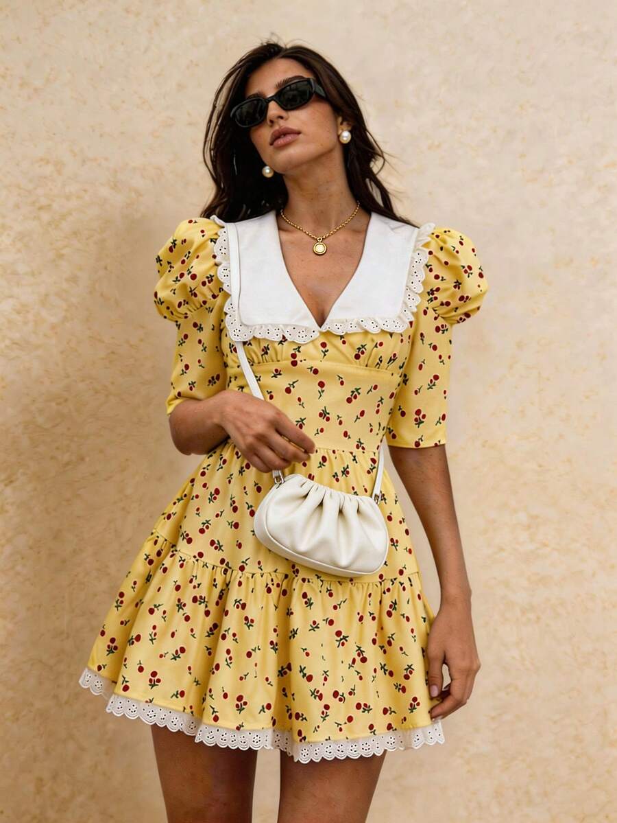 Poéselle 女士公主风印花蕾丝迷你连衣裙