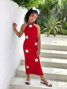 SHEIN 少女优雅印花露背修身度假连衣裙 - 紅色 - 查看 4