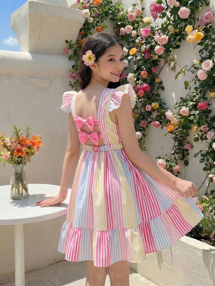 Đầm ngắn tay ngắn, thắt eo, in hoa, hở lưng, thiết kế nơ cho bé gái tuổi teen. - Nhiều màu - Xem 1