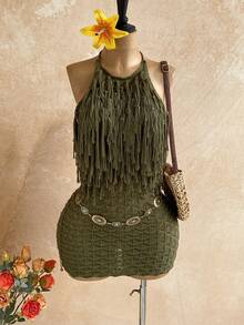 Soleia 女士白色高领流苏迷你针织连衣裙，秋冬款 - 軍綠色 - 查看 1