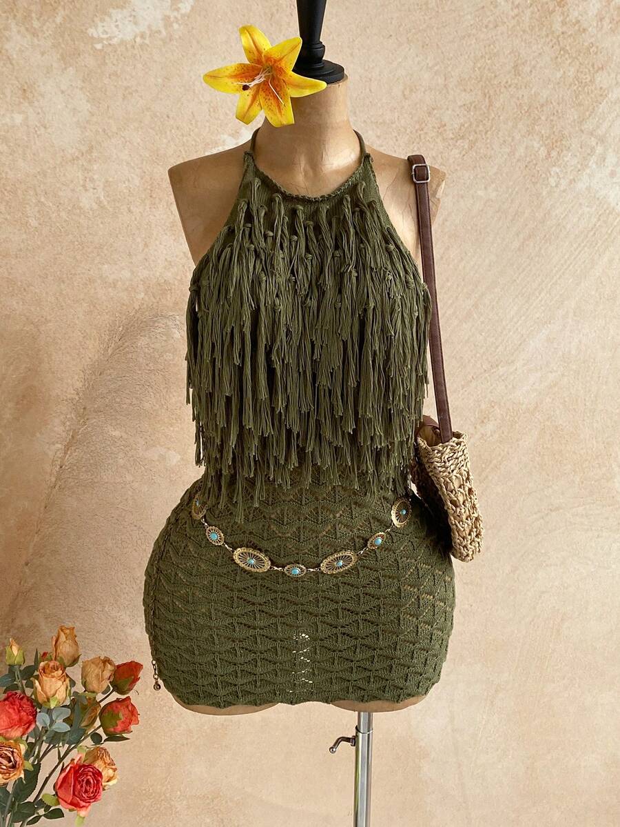 Soleia 女士白色高领流苏迷你针织连衣裙，秋冬款 - 軍綠色 - 查看 1