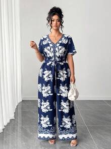 Elenzga Plus Size Elegant Floral Print Jumpsuit, Summer - Multicolor - View 7