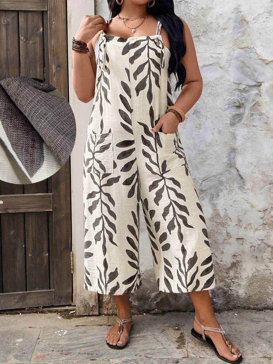 Linhara CURVE Bộ áo liền quần đi biển phong cách Bohemian cỡ lớn dành cho nữ, họa tiết cây cỏ, trang trí túi, kiểu dáng giản dị, dễ phối đồ cho cả ngày thường và kỳ nghỉ xuân hè. Lựa chọn trang phục xuân hè cho Ngày của Mẹ, trang phục mùa hè cho nữ. - Nhiều màu - Xem 1