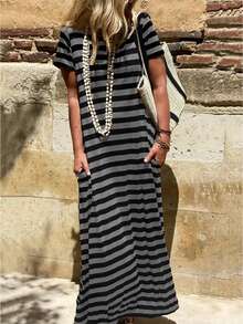 EMERY ROSE Casual Vacation Striped Short Sleeve Dress - Dark Grey - View 1