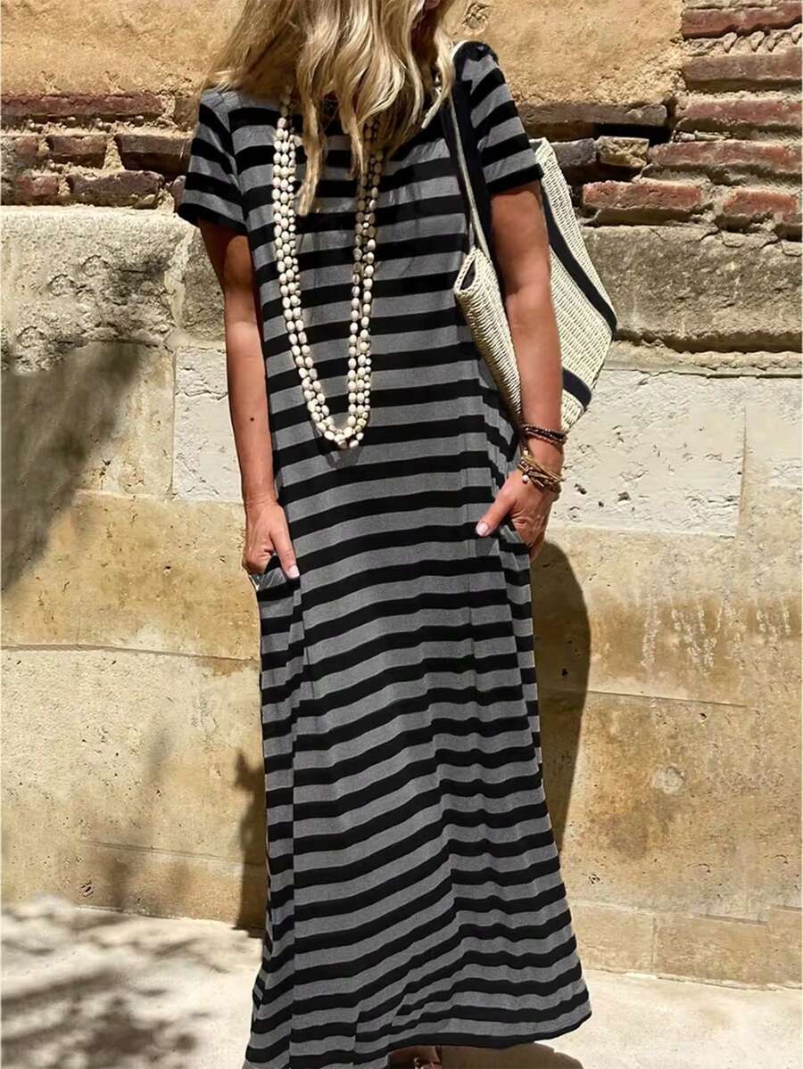 EMERY ROSE Casual Vacation Striped Short Sleeve Dress - Dark Grey - View 1