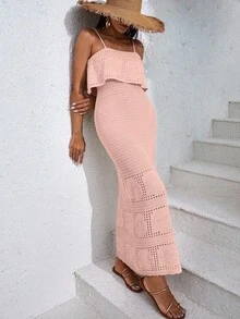 EURMUSE Women's Solid Color Vacation Style Openwork Knit Dress - Coral Pink - View 5