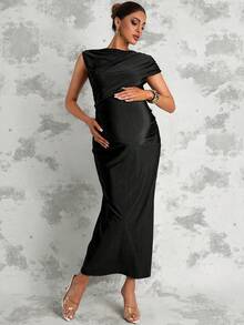MaterniChic Vestido elegante de maternidad de unicolor con drapeado ajustado - Negro - Ver 8