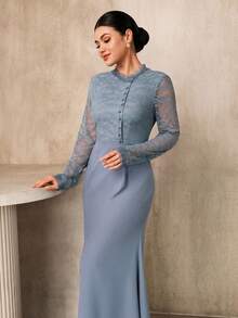 Graceveil Robe longue pour femmes avec col montant, patchwork en dentelle et taille cintrée - Bleu gris - Voir 7