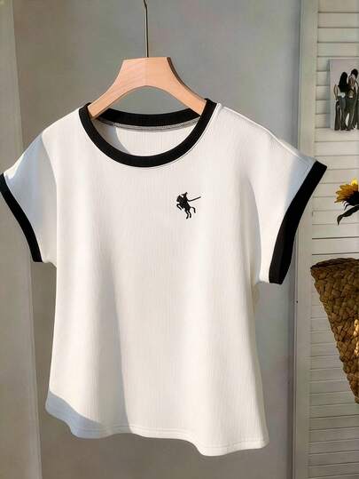 GlowEve CURVE Plus Size Women's New Retro American Style Contrast Collar Edge Embroidered Short Sleeve Polo T-Shirt, Fitted Slimming Versatile Round Neck Top