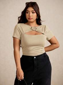 Elaquor T-shirt café polyvalent et minimaliste pour femmes grandes tailles, avec boucle métallique. Tenue d'été - Nude - Voir 4