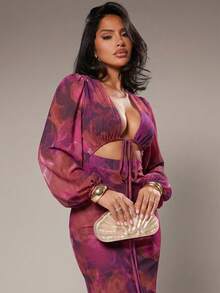 Radiana 女士性感优雅浪漫渐变花卉印花长裙，网纱印花连衣裙，灯笼袖长裙，低胸连衣裙，修身连衣裙，情人节约会连衣裙，弹力网纱面料，贴合身形，适合夜晚、约会、鸡尾酒会、晚宴、俱乐部、生日、派对、婚礼、宾客装扮、伴娘礼服、花园午后、海岛度假、假日穿着。女士两件套正式夏季两件套，女士两件套派对礼服，女士正式两件套。 - 彩色 - 查看 1